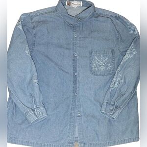 Passion-I Womens Shirt L Large Light Denim Embroidered Long Sleeve Jeans Vintage